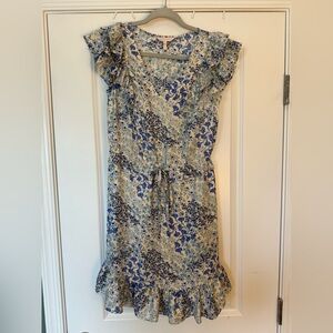 Rebecca Taylor Blue and Cream Floral Mini Dress with Ruffle Detail